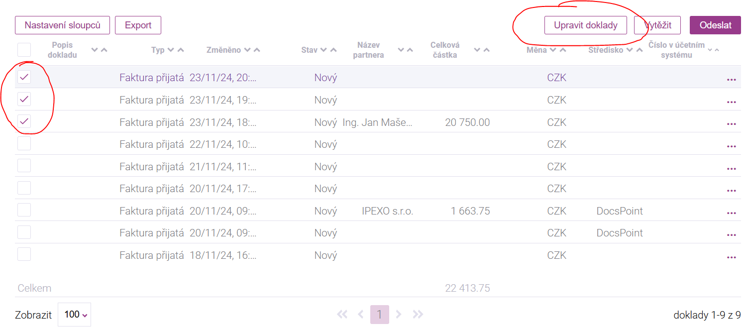 Hromadná úprava dokladů v Docspointu